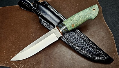 Фото ножа Барс из стали S390 — 189, сталь s390, притин мокумэ-ганэ, зуб мамонта, кап клена, пин